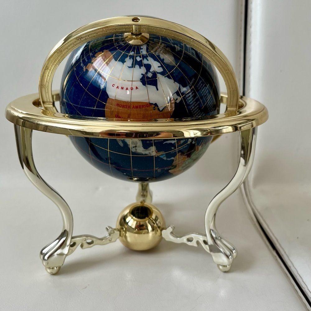 Gemstones In Lapis Lazuli Globe With Campass 9 Inch Tall